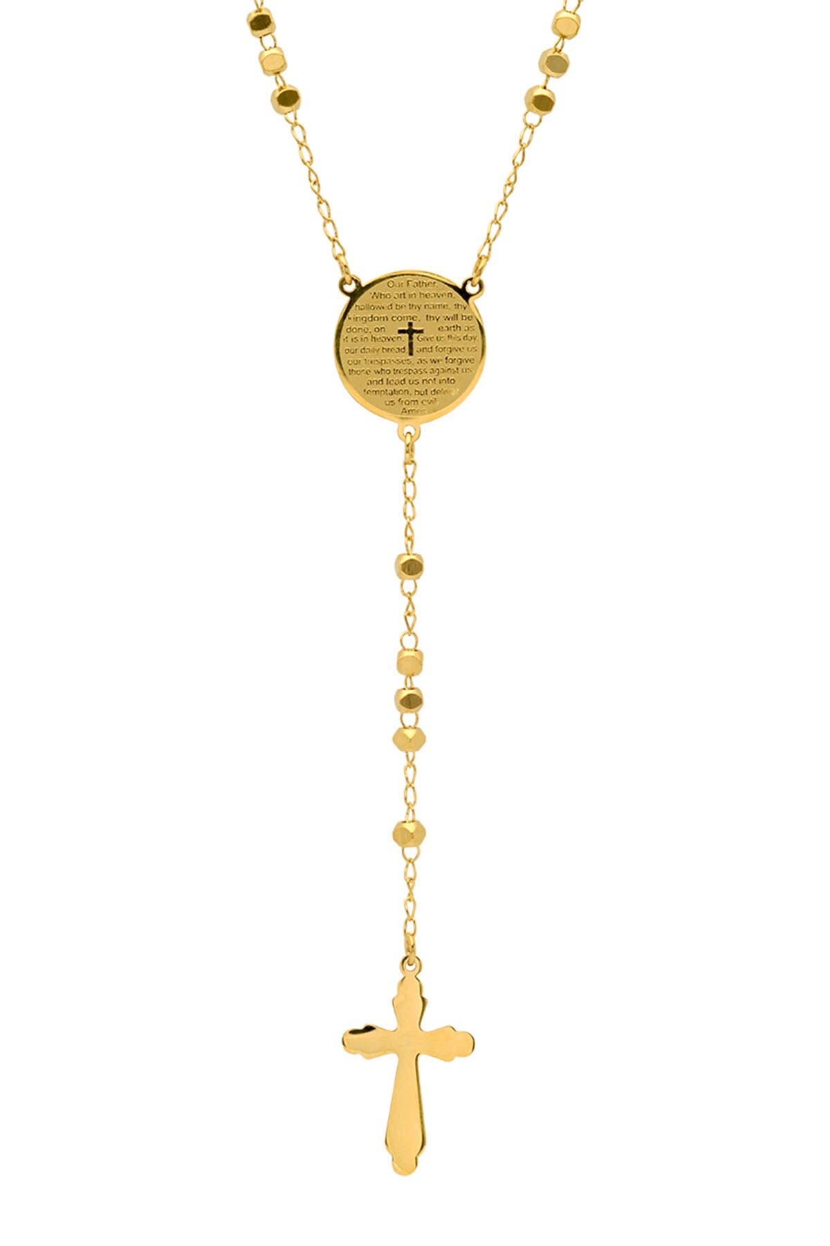 HMY JEWELRY 18K Gold Plated Our Father Prayer Box Beaded Rosary Necklace