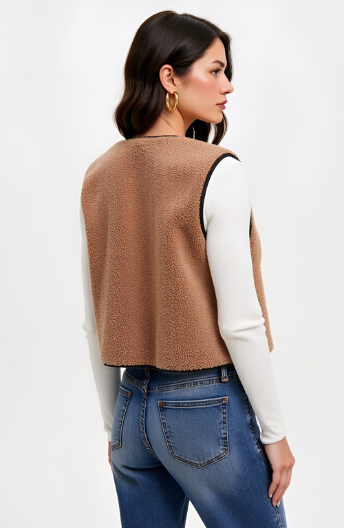 Modenaire Faux Shearling Contrast-trim Tie-front Vest In Brown