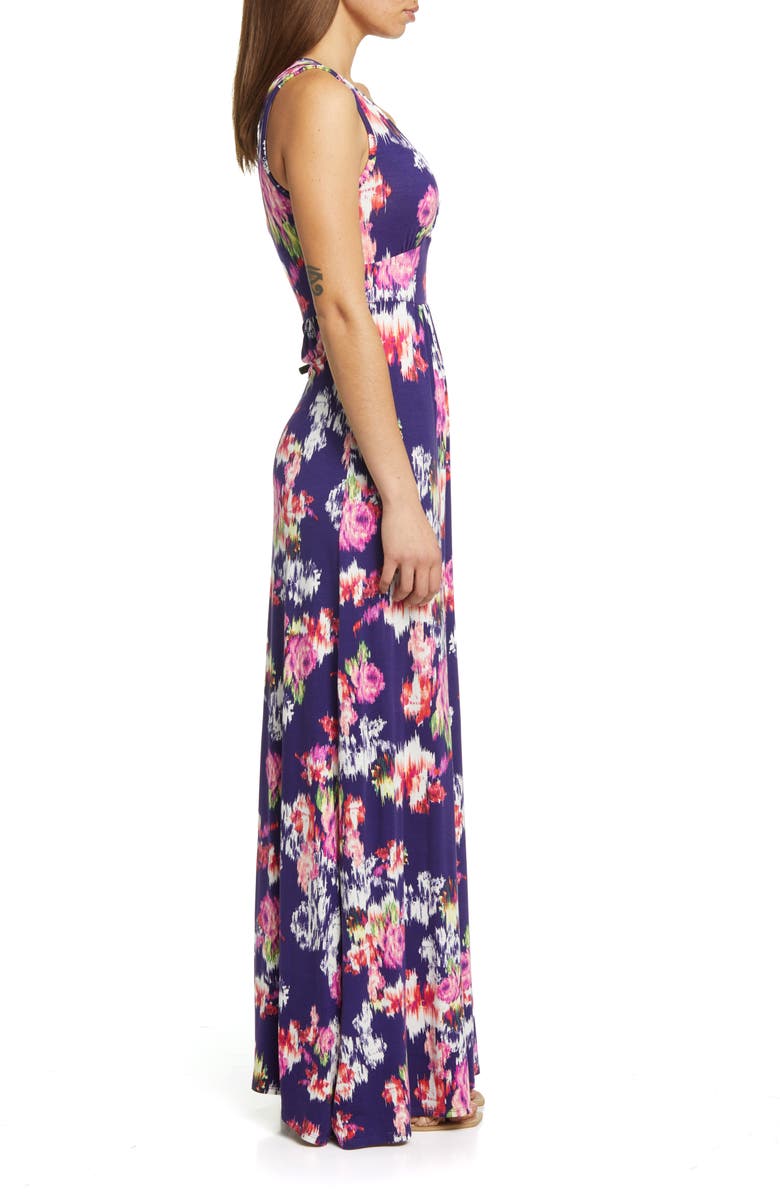 Loveappella Abstract Floral Print Sleeveless Jersey Maxi Dress, Alternate, color, Eggplant