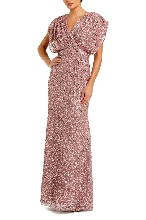 Mac Duggal Draped Sleeves Ruched Waist Detail V-neck Gown In Vintage Lilac
