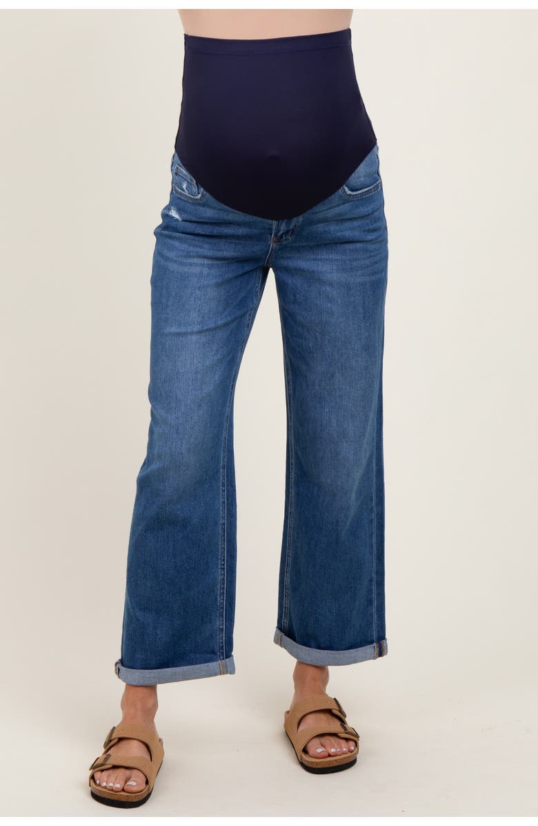 PinkBlush Cuffed Hem Wide Leg Cropped Maternity Jeans, Alternate, color, Navy Blue