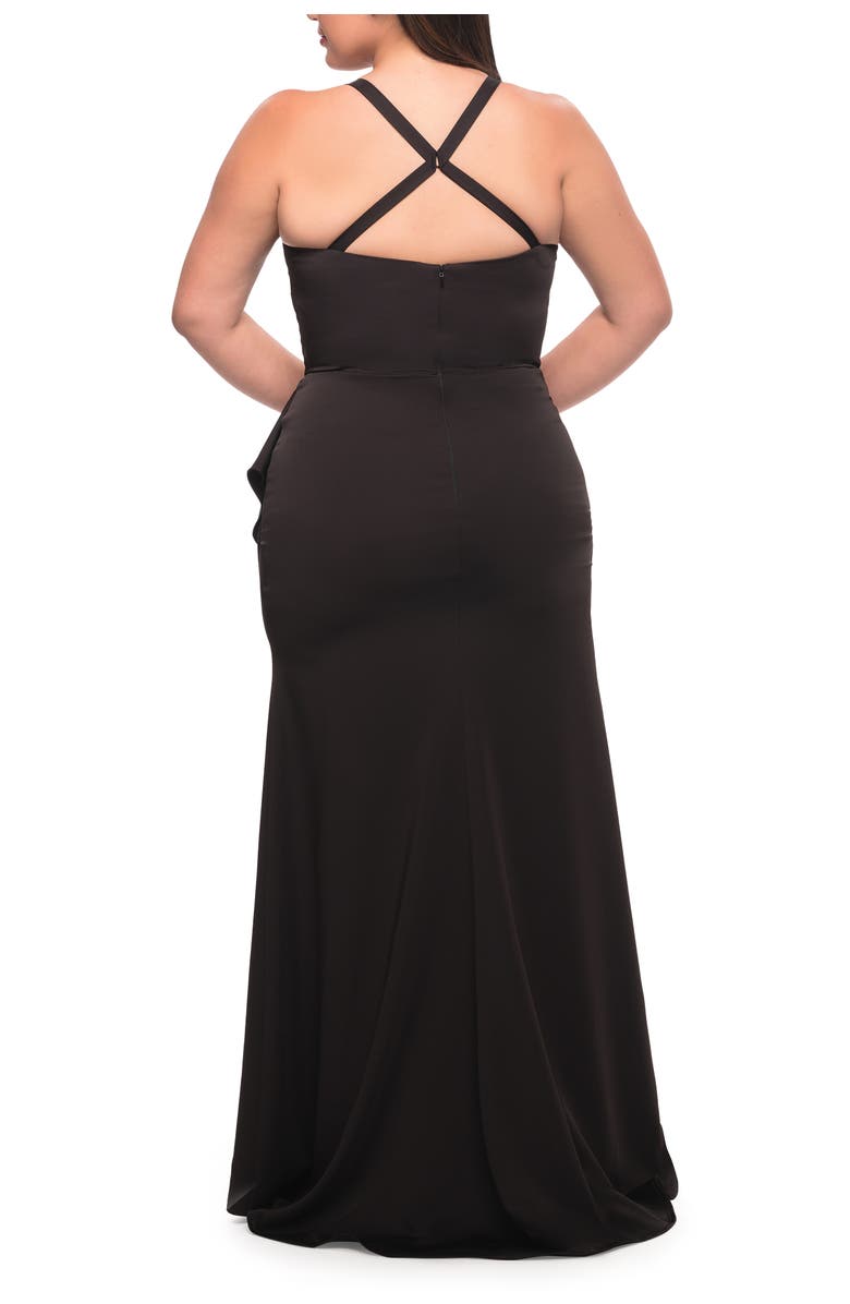 La Femme Elegant Jersey Gown with Ruffle Slit Detail, Alternate, color, Black