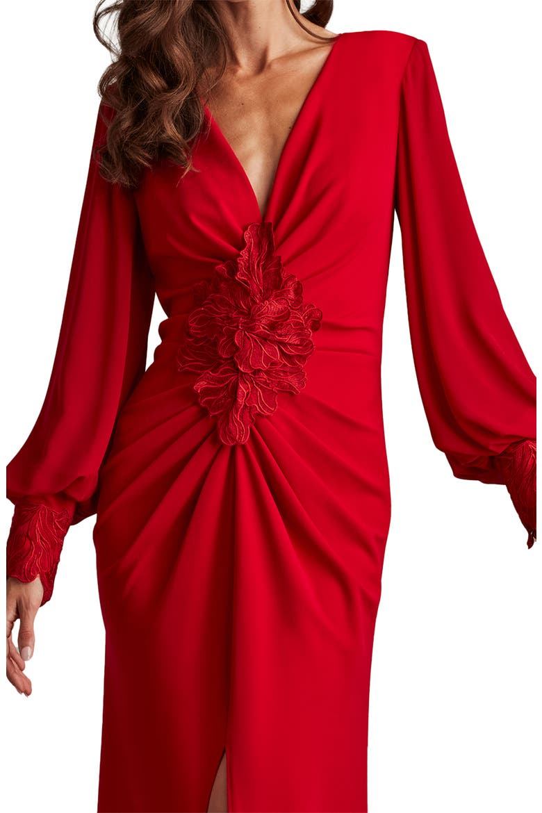 Floral Detail Long Sleeve Crepe Chiffon Gown, Alternate, color, CRANBERRY