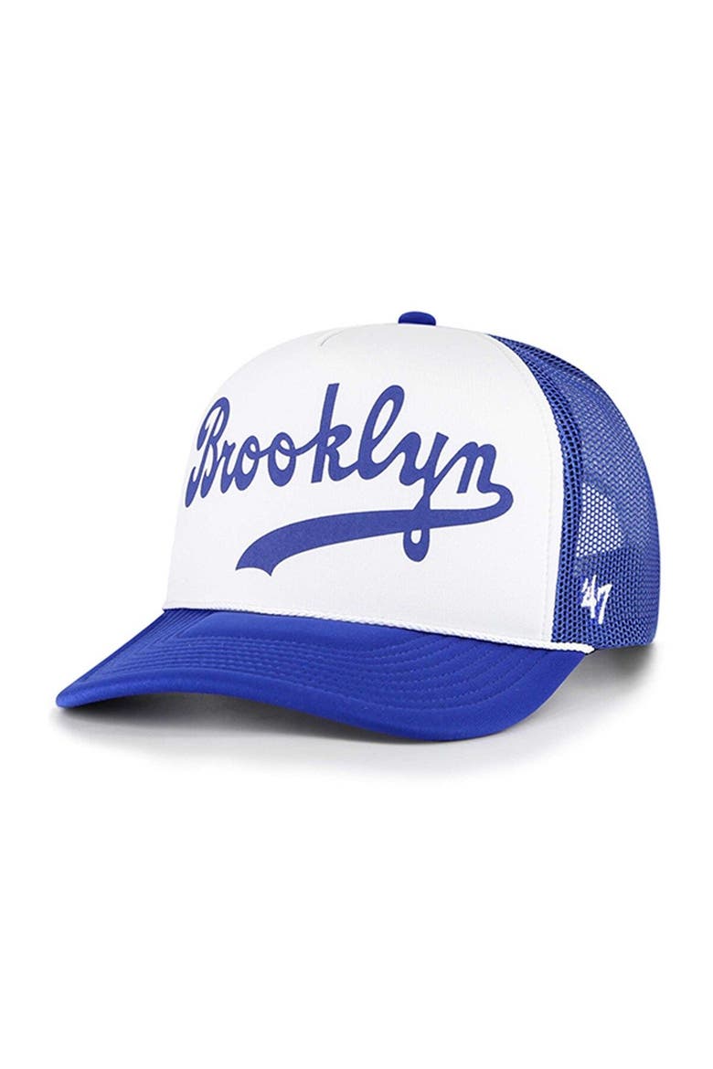 Men's '47 White Brooklyn Dodgers Cooperstown Collection Foam Front Script Trucker Snapback Hat, Main, color, White