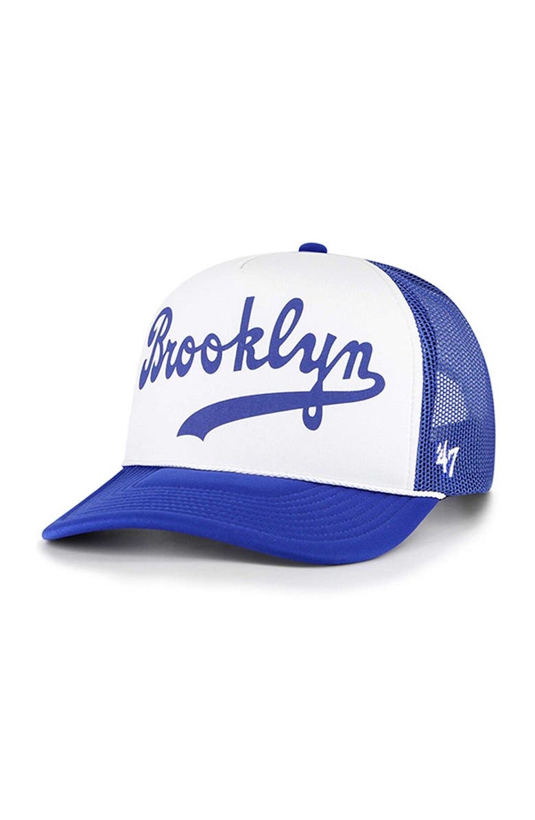 '47 Men's '47 White Brooklyn Dodgers Cooperstown Collection Foam Front Script Trucker Snapback Hat, Main, color, White