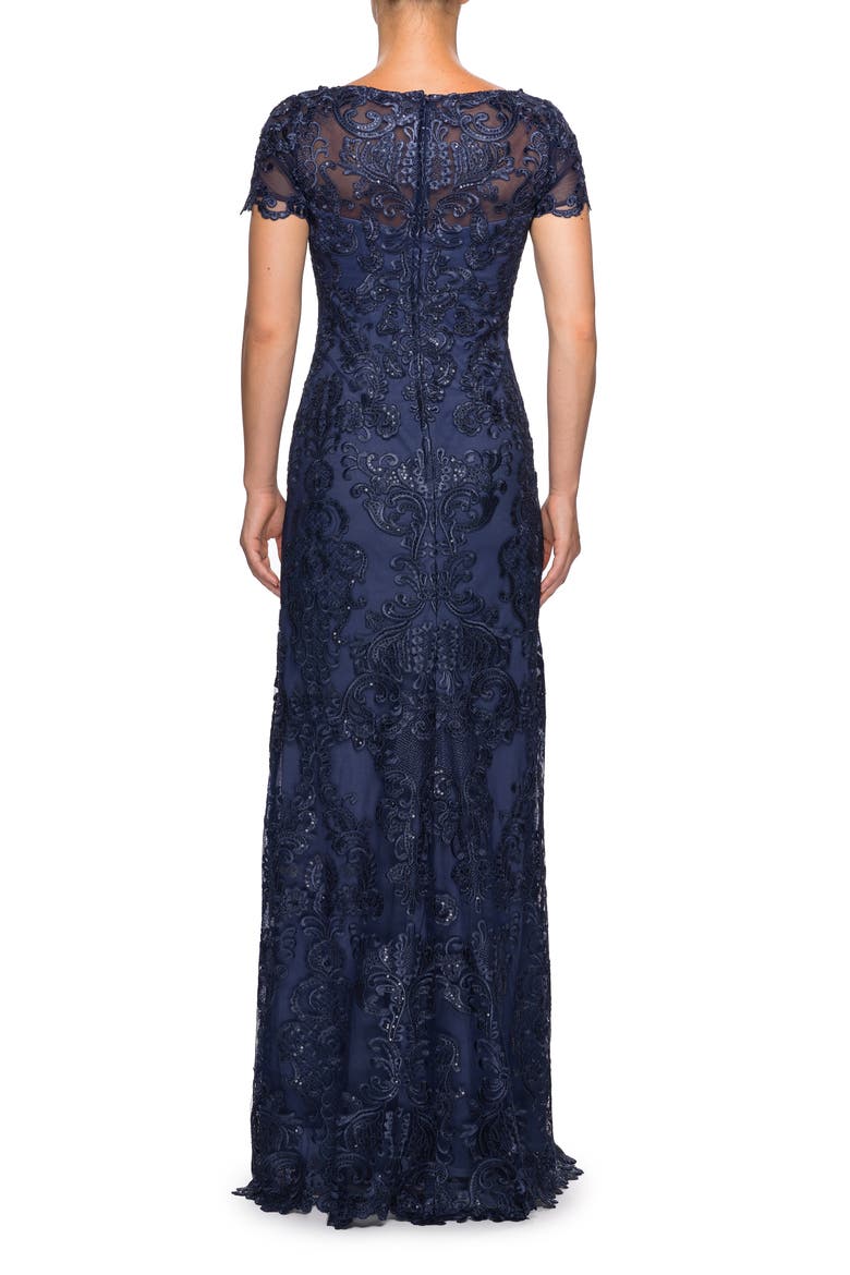 Long Lace Dress withy Rhinestones and Short Sleeves, Alternate, color, Navy