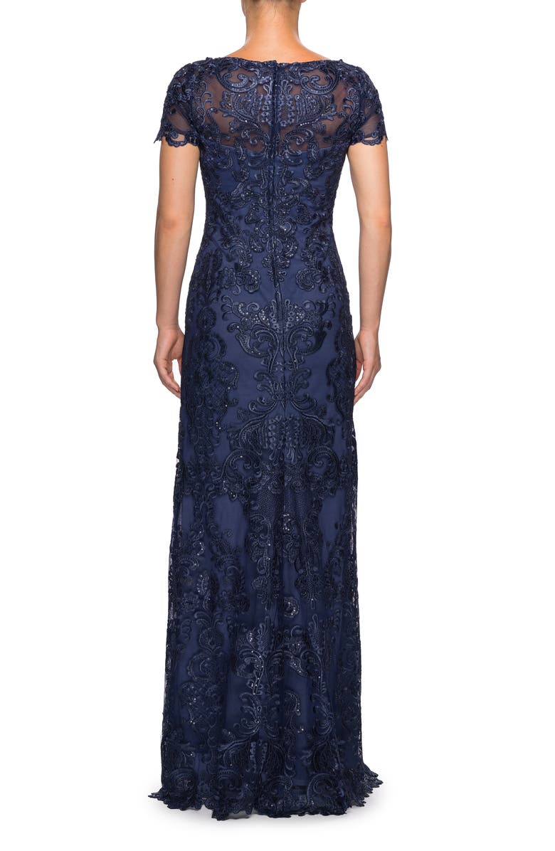 La Femme Long Lace Dress withy Rhinestones and Short Sleeves, Alternate, color, Navy