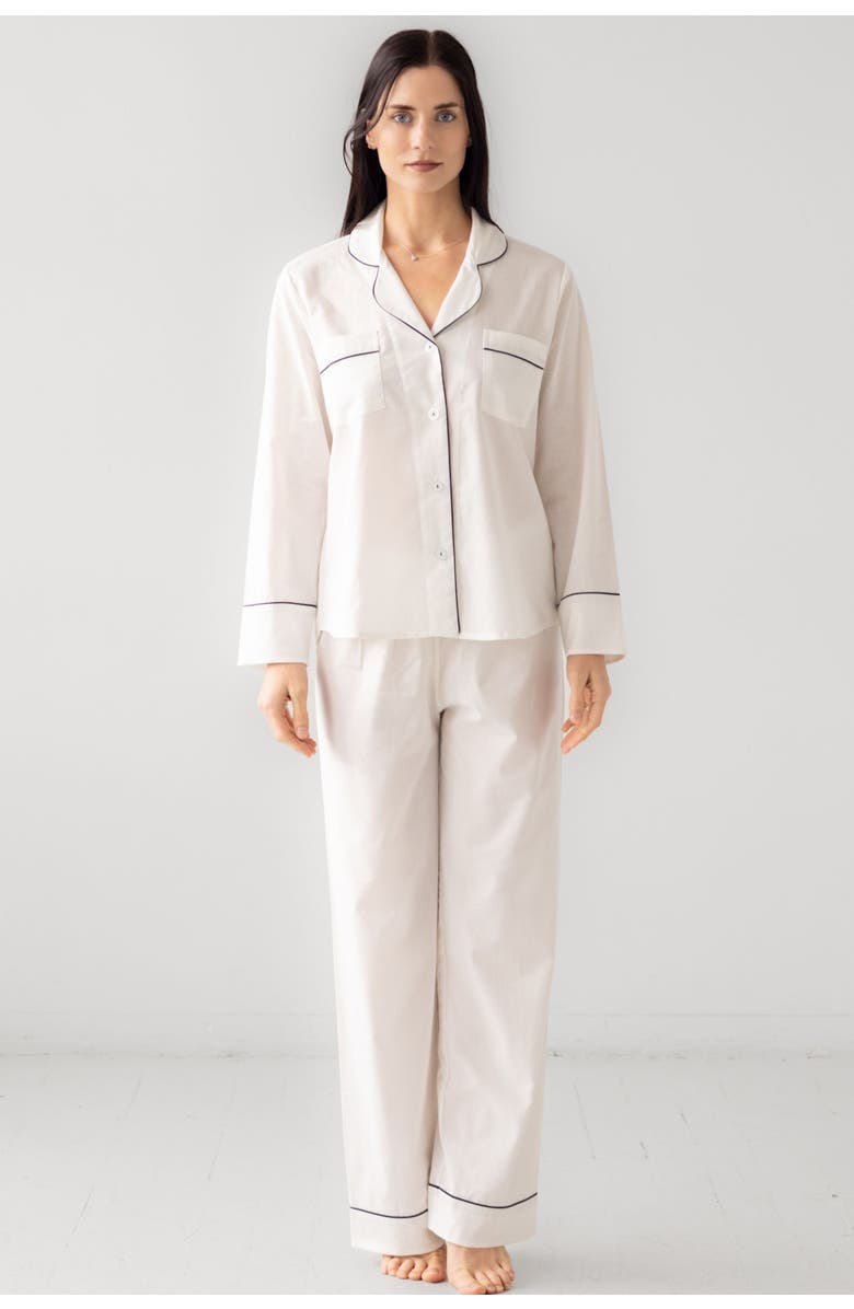 SALUA Classic Woven Cotton Pajama Set, Main, color, White/Navy