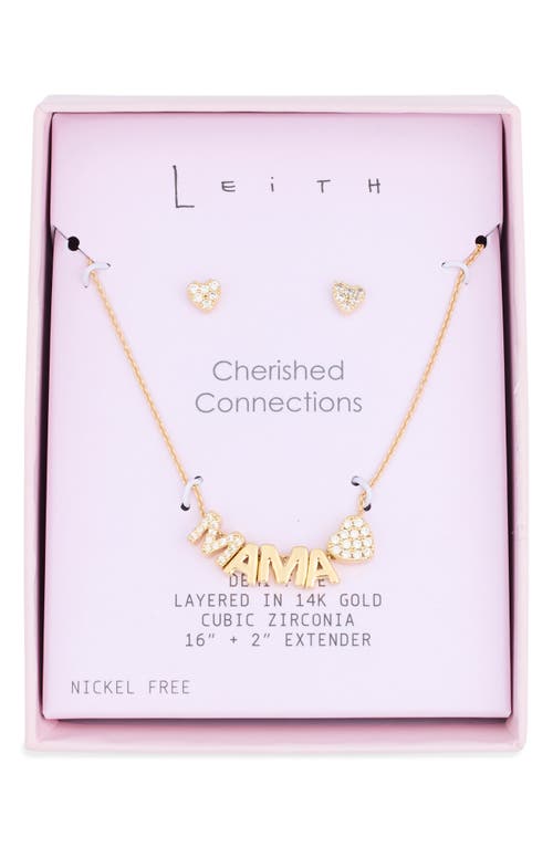 Leith Demi-fine Cubic Zirconia Heart Stud Earrings & Mama Pendant Necklace Set In Clear- Gold