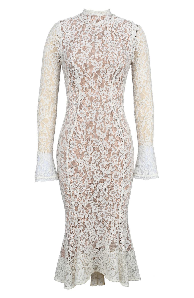 HOUSE OF CB Sophia Long Sleeve Lace Midi Dress, Alternate, color, Ivory