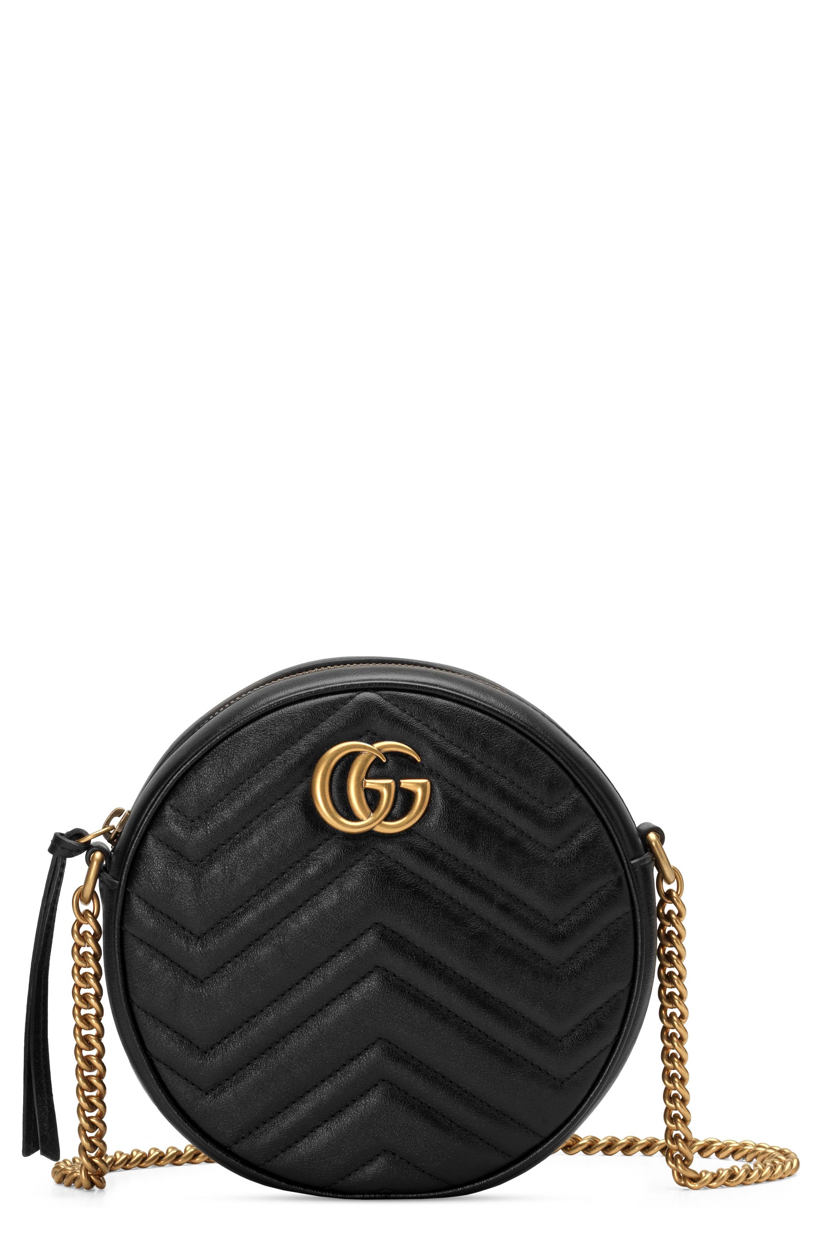 Mini GG Matelassé Round Leather Shoulder Bag, Main, color, NERO