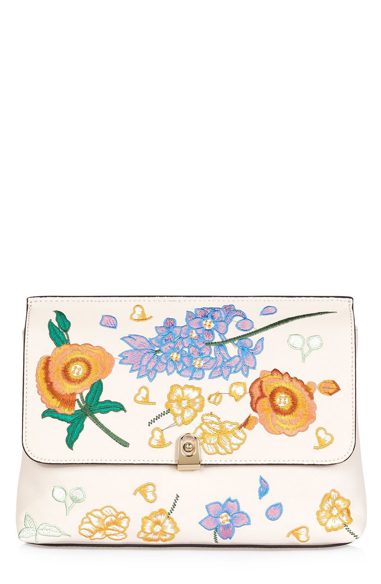 Topshop Floral Embroidered Faux Leather Clutch, Main, color, 