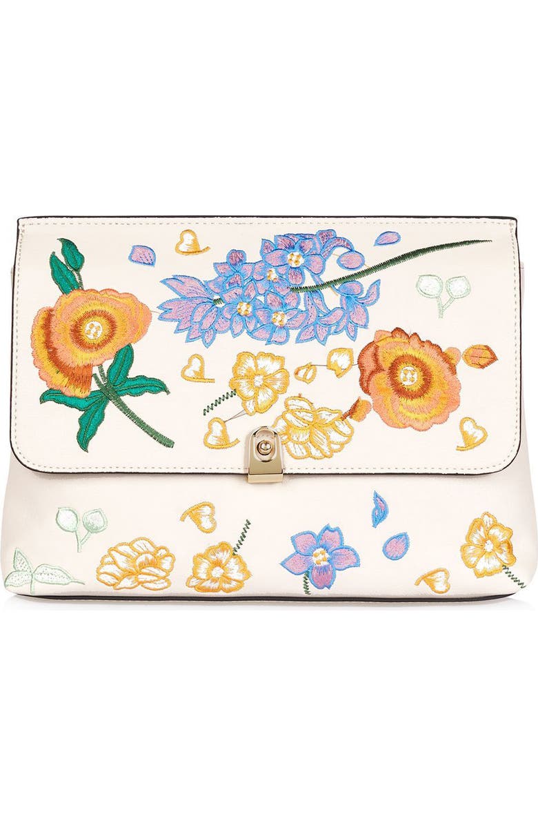 Topshop Floral Embroidered Faux Leather Clutch, Main, color,
