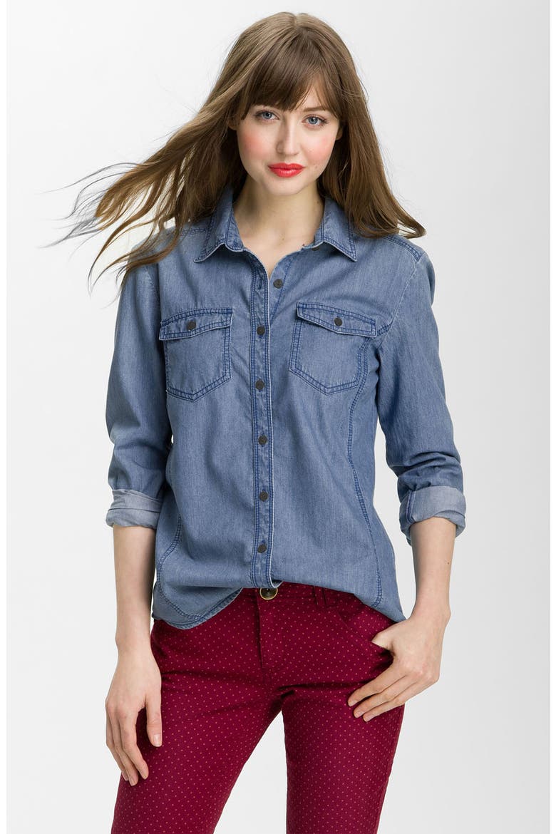 Boyfriend Fit Crosshatch Weave Shirt, Main, color, WASHED DENIM