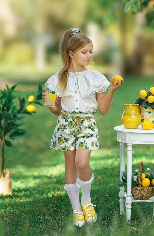 Petite Maison Kids Amalfi Lemon Print Linen Blouse And Shorts Set In White