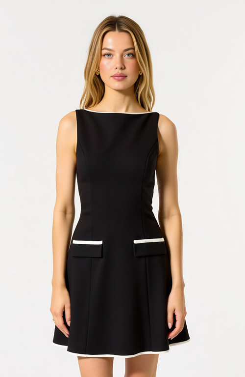 Modenaire Sleeveless Contrast Trim Mini Dress In Black