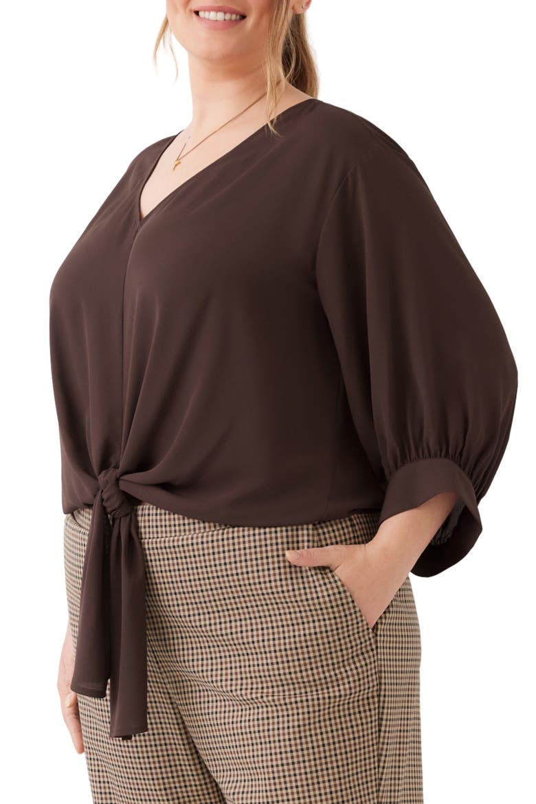 Blouson Sleeve Tie Front Top, Alternate, color, CHOCOLATE