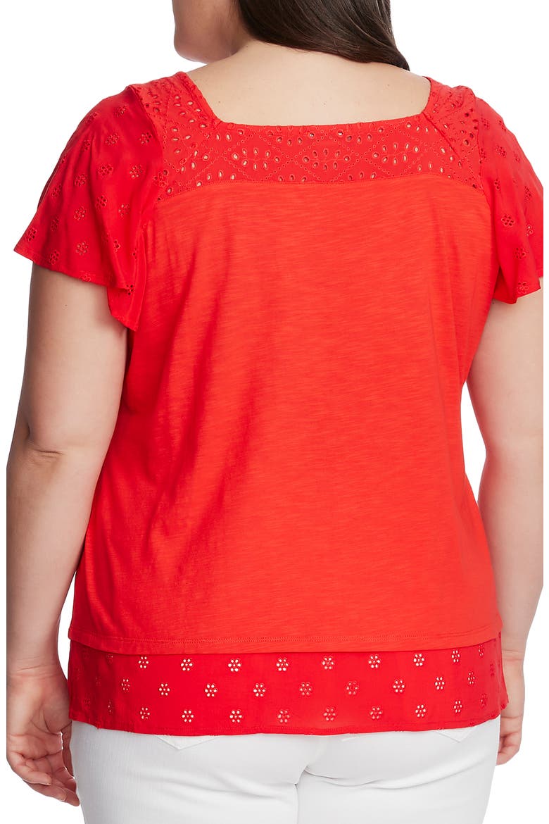 Eyelet Detail Short Sleeve Cotton Blend Layered Top, Alternate, color, BRIGHT LADYBUG