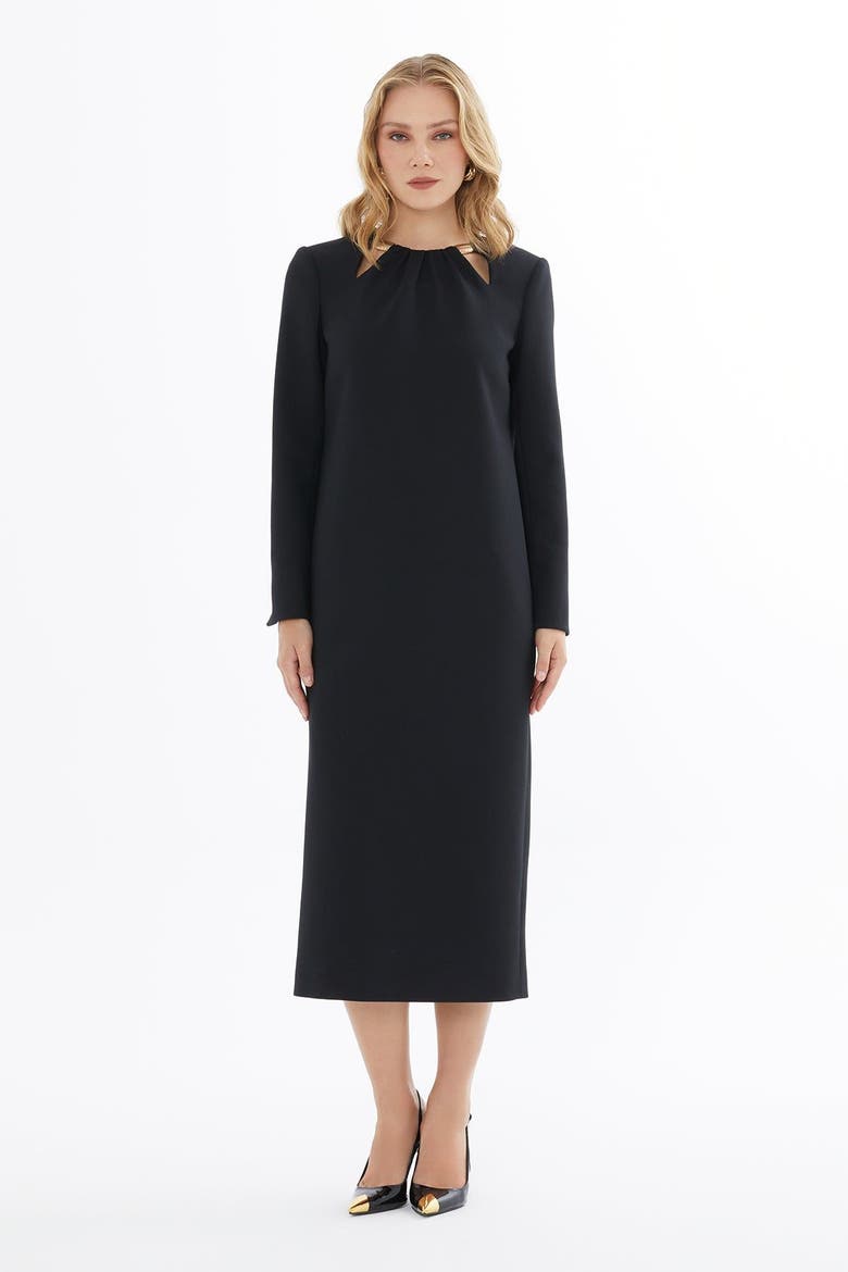 Elegant Slit-Sleeve Midi Dress with Metal Detail, Main, color, Black
