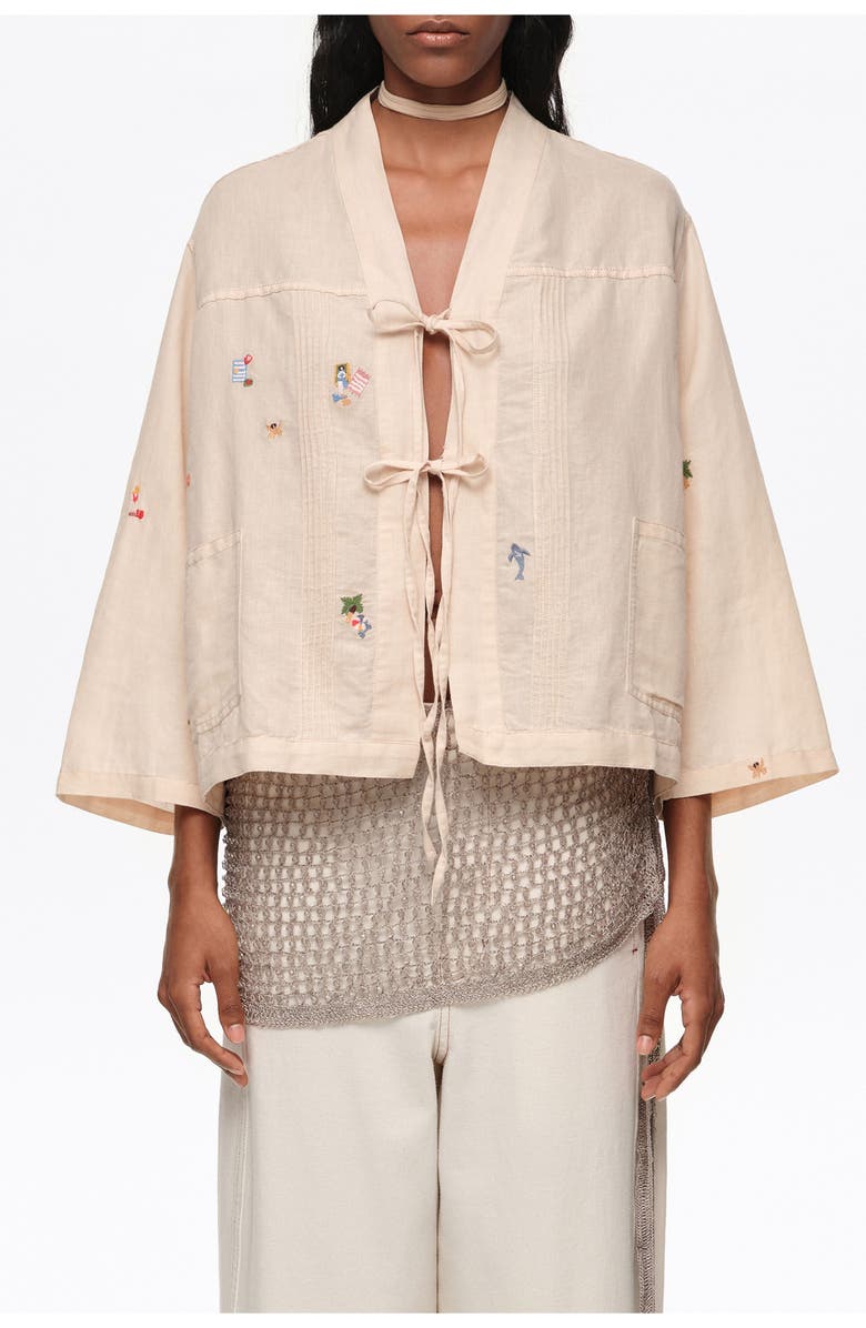 Bimba y Lola Mini Embroidered Kimono Jacket, Main, color, Sand