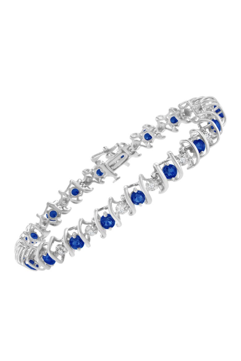 .925 Sterling Silver Lab-Grown Birthstone and 1/6 Cttw Diamond Tennis Bracelet, Alternate, color, Blue Sapphire
