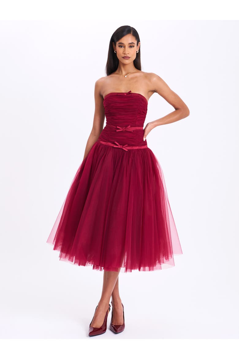 Mabel Drop Waist Layered Mesh Midi Puffy Dress with Bow, Alternate, color, Burgundy