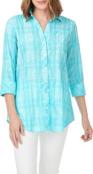 Foxcroft Faith Beach Plaid Button-Up Tunic Shirt
