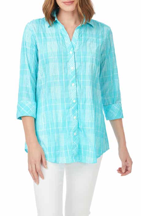 Foxcroft Faith Beach Plaid Button-Up Tunic Shirt