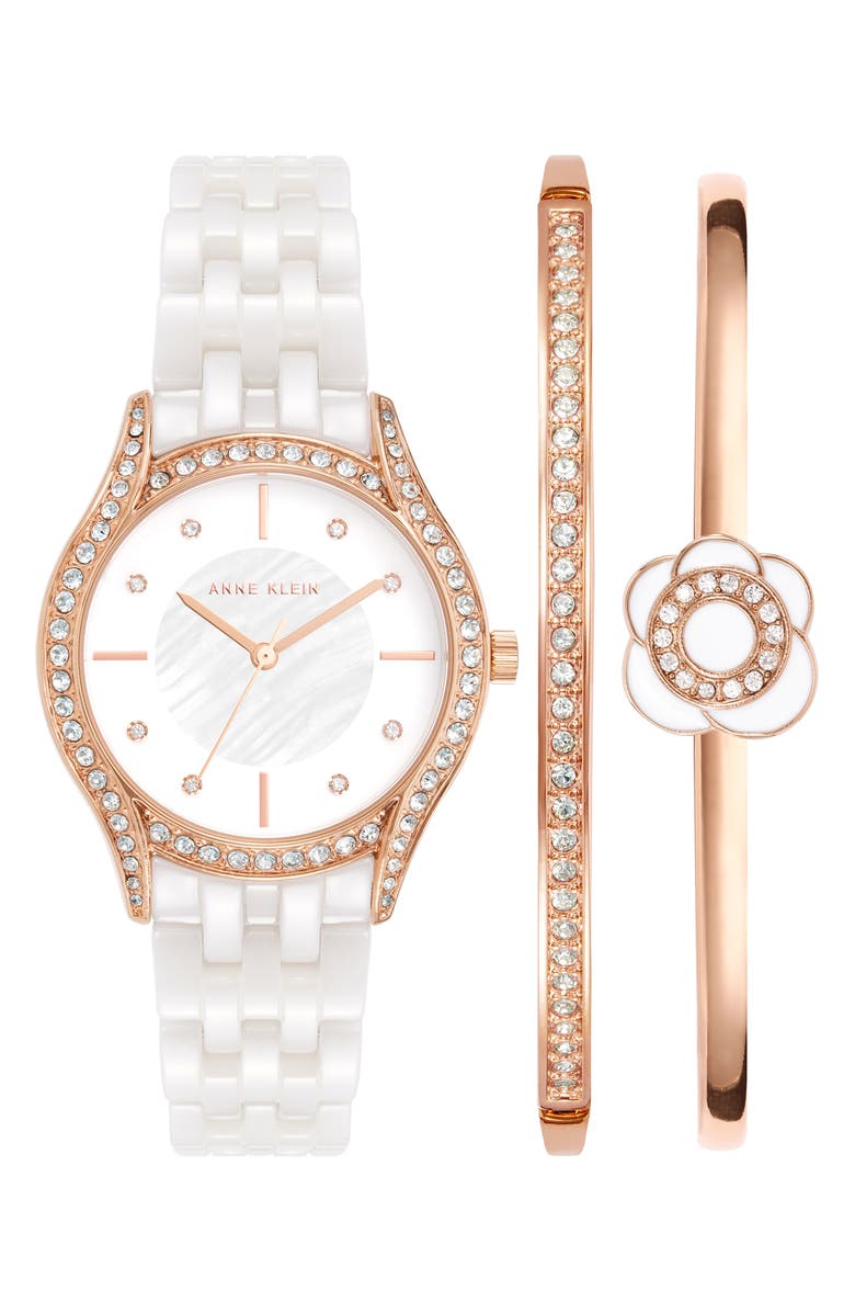 Anne Klein Crystal Embellished Three-Hand Quartz Ceramic Bracelet Watch & Bracelet Set, Main, color, 
