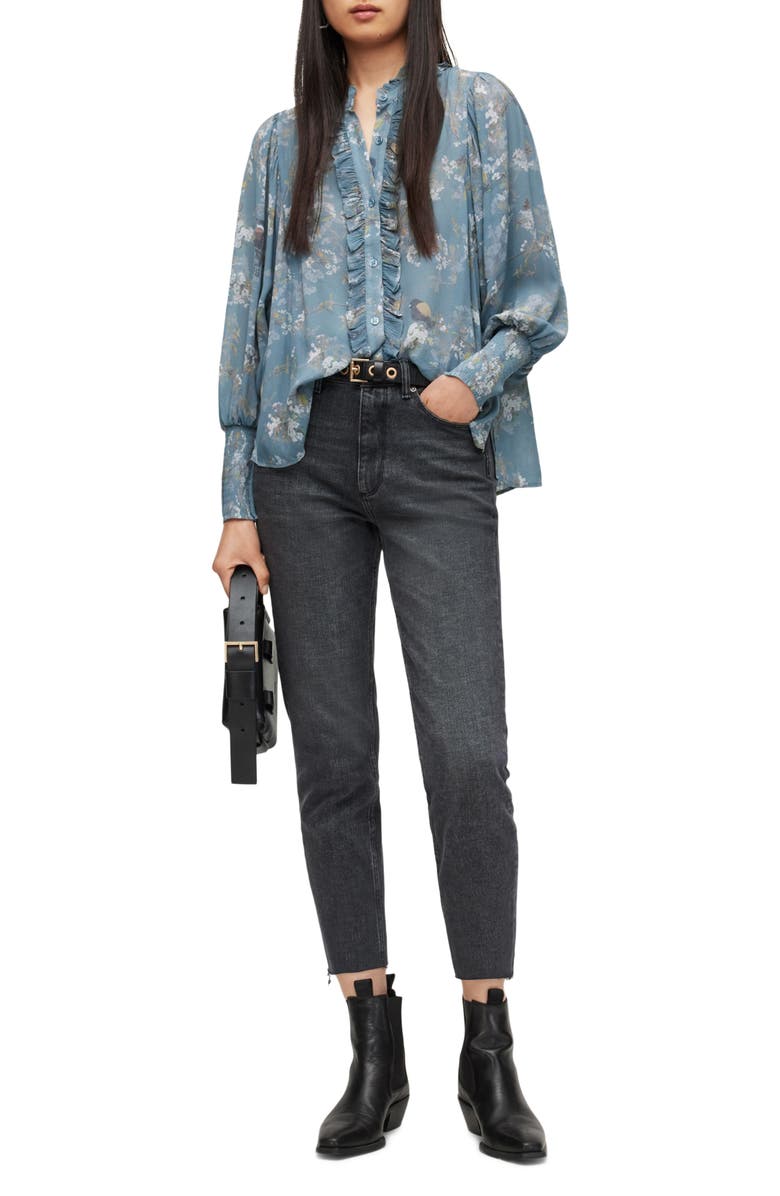 AllSaints Mia Viola Floral Print Semisheer Balloon Sleeve Blouse, Alternate, color,