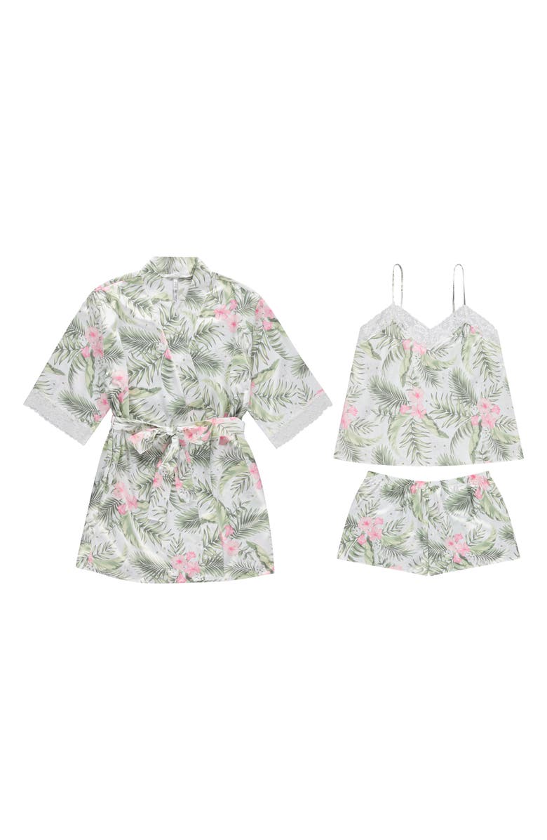 Flora Nikrooz Sabrina Floral Print Satin Short Pajamas & Robe Set, Alternate, color, Cream