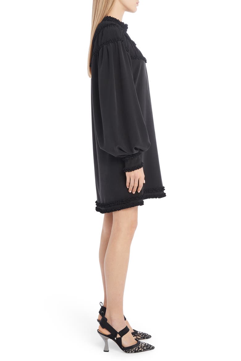 Ruffle Yoke Long Sleeve Silk Crêpe de Chine Minidress, Alternate, color, BLACK