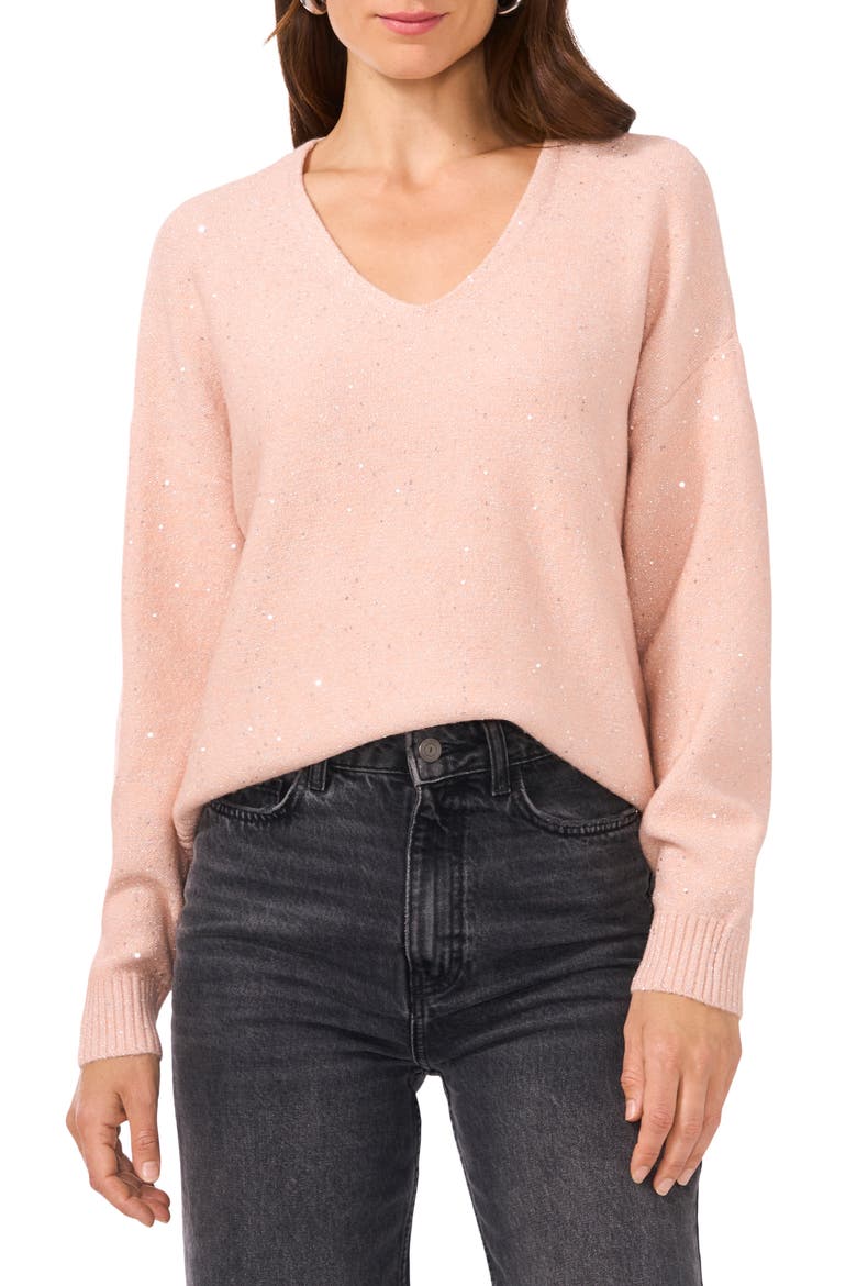 Sequin Detail V-Neck Sweater, Main, color, PEACHY CREAM
