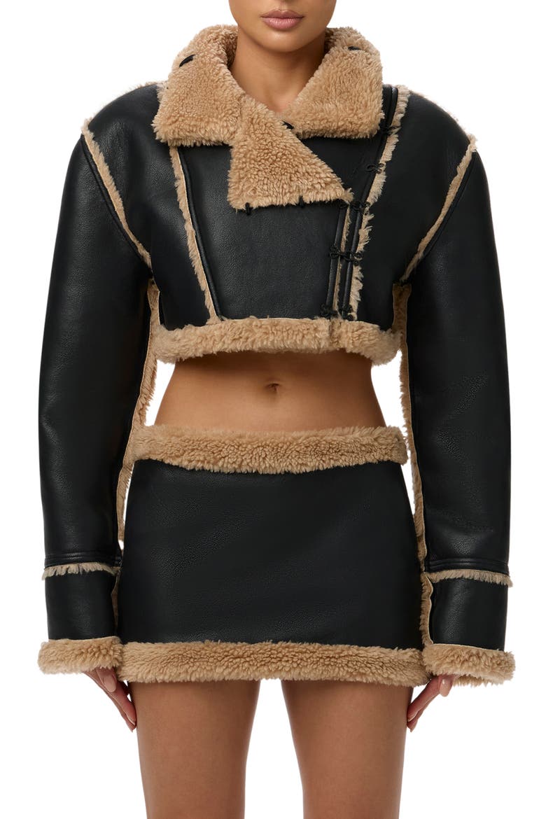 Reversible Faux Shearling Crop Moto Jacket, Alternate, color, BLACK/ TAN