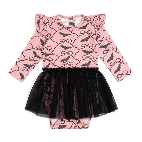 Bat Trellis Printed Halloween Long Sleeve Tutu Bodysuit
