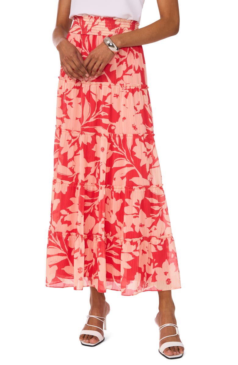 Vince Camuto Floral Tiered Smocked Waist Maxi Skirt, Main, color, Cayenne