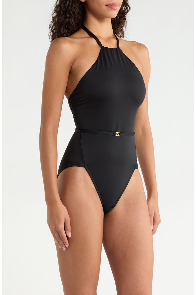 Belted High Neck One-Piece Swimsuit, Alternate, color, BLACK
