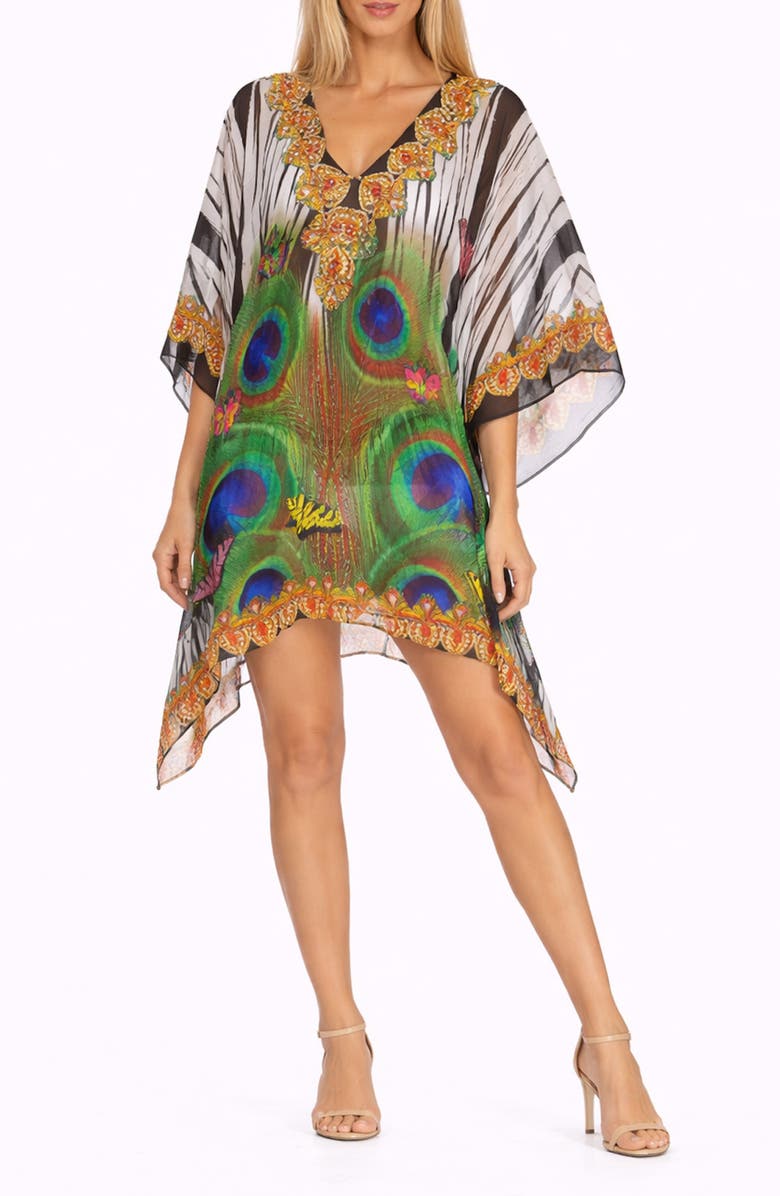 RANEES Peacock Print Poncho, Main, color, White