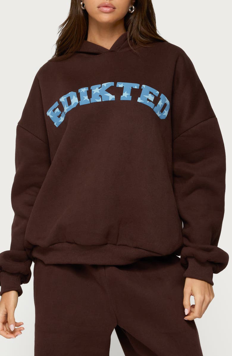 EDIKTED Really Logo Graphic Hoodie, Main, color, Brown