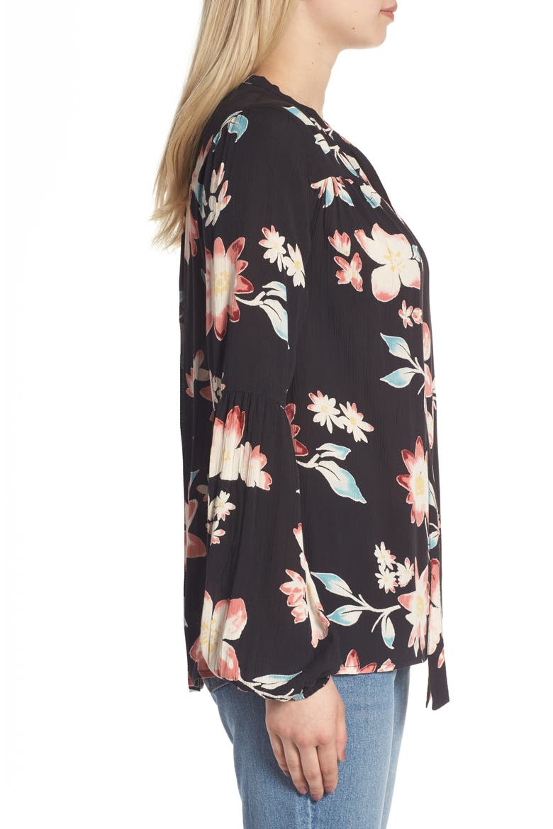 Birds on High Tie Neck Blouse, Alternate, color, OFF BLACK
