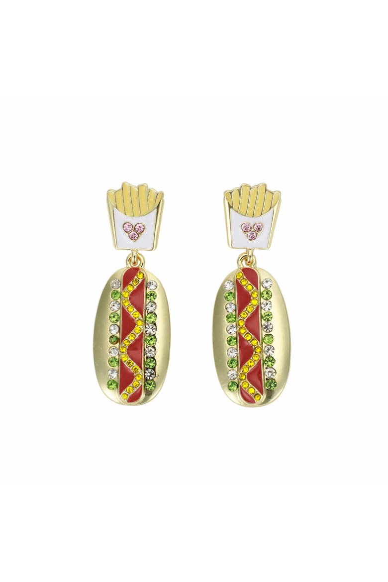 Hot Dog and Fries Rhinestone Drop Earrings - Hypoallergenic Gold-Tone Post with Enamel Epoxy Novelty Design, 1.75 Inch, Main, color, Multicolor