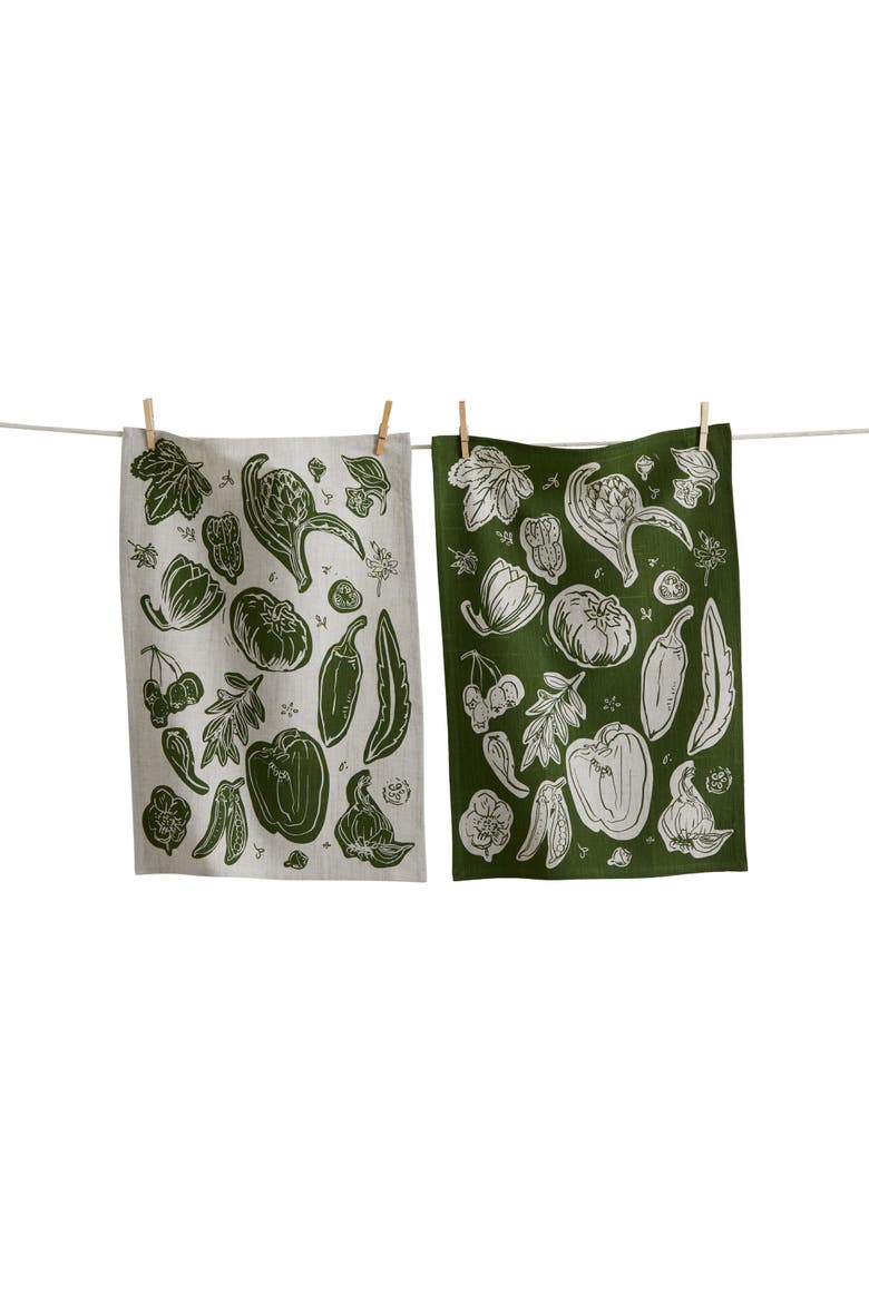Canyon Print Veggies Dishtowel S/2 Olive Olive Cotton Everyday, Main, color, Green