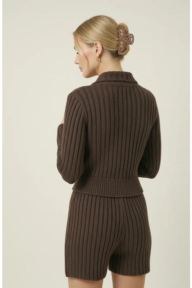 Ribbed Knit Romper with Bow Tie Front and Long Sleeves, Alternate, color, Brown