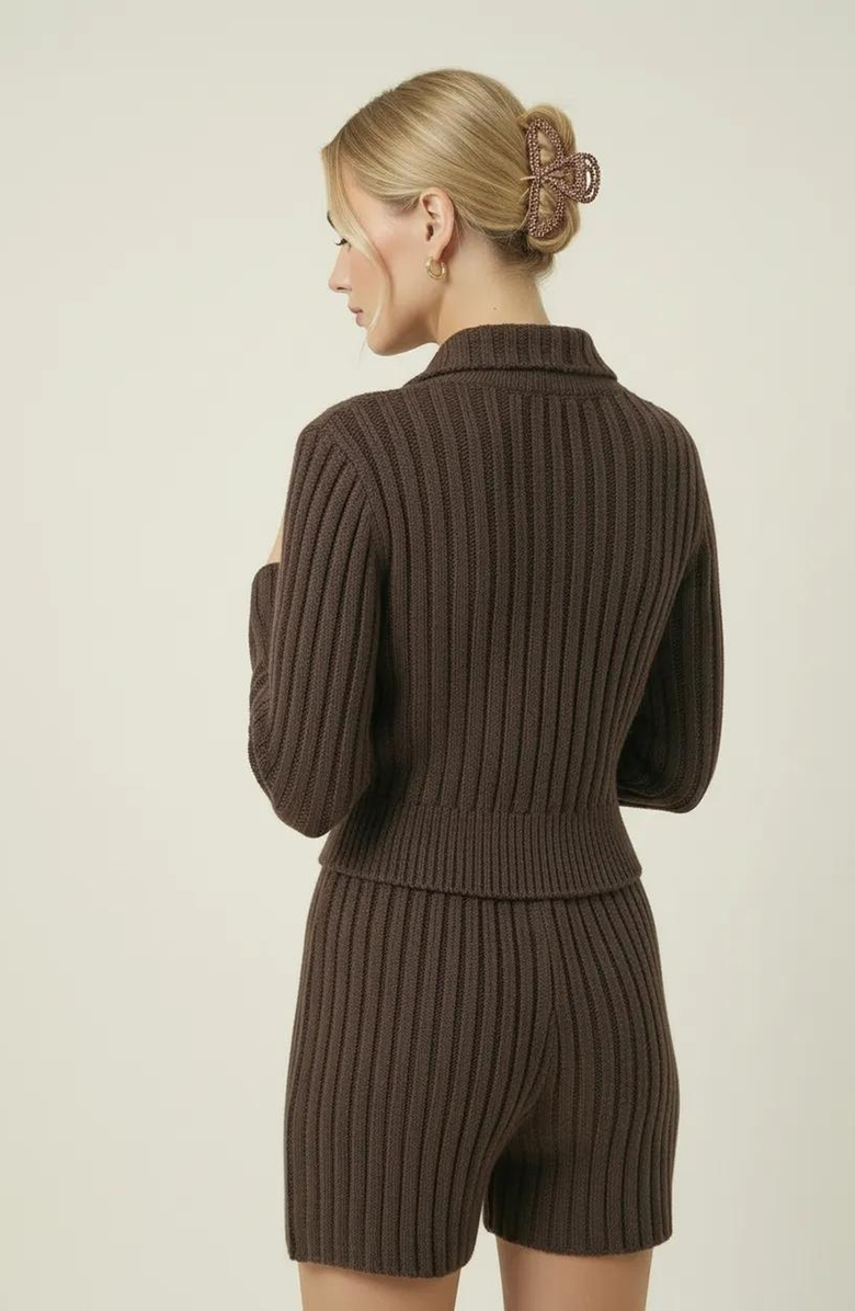 Modenaire Ribbed Knit Romper with Bow Tie Front and Long Sleeves, Alternate, color, Brown