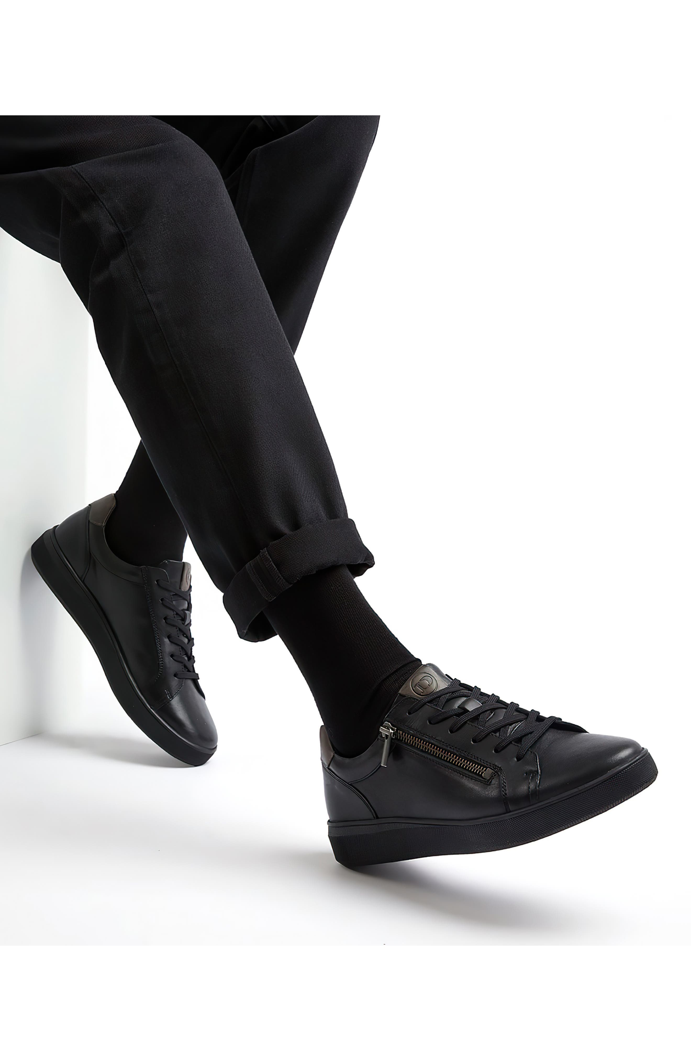 Dune London Tribute Zip-Up Leather Sneaker, Alternate, color, Black