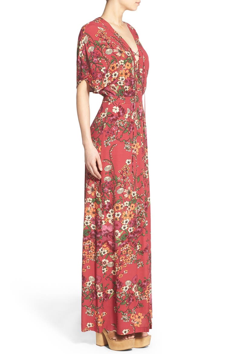 Floral Print Lace-Up Maxi Dress, Alternate, color, RED BOTANICAL