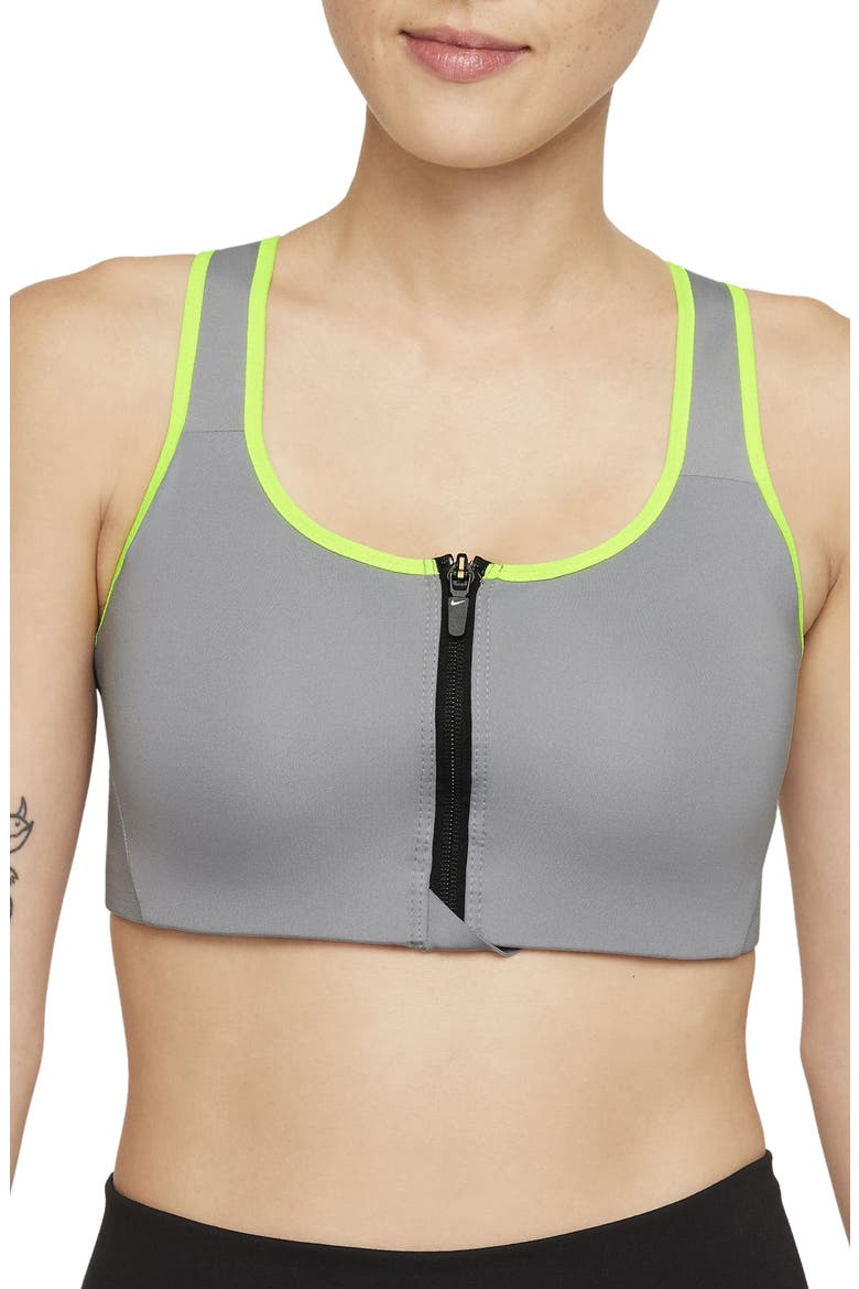 Dri-FIT Shape Front Zip Sports Bra, Main, color, PARTICLE GREY/ GREY/ VOLT