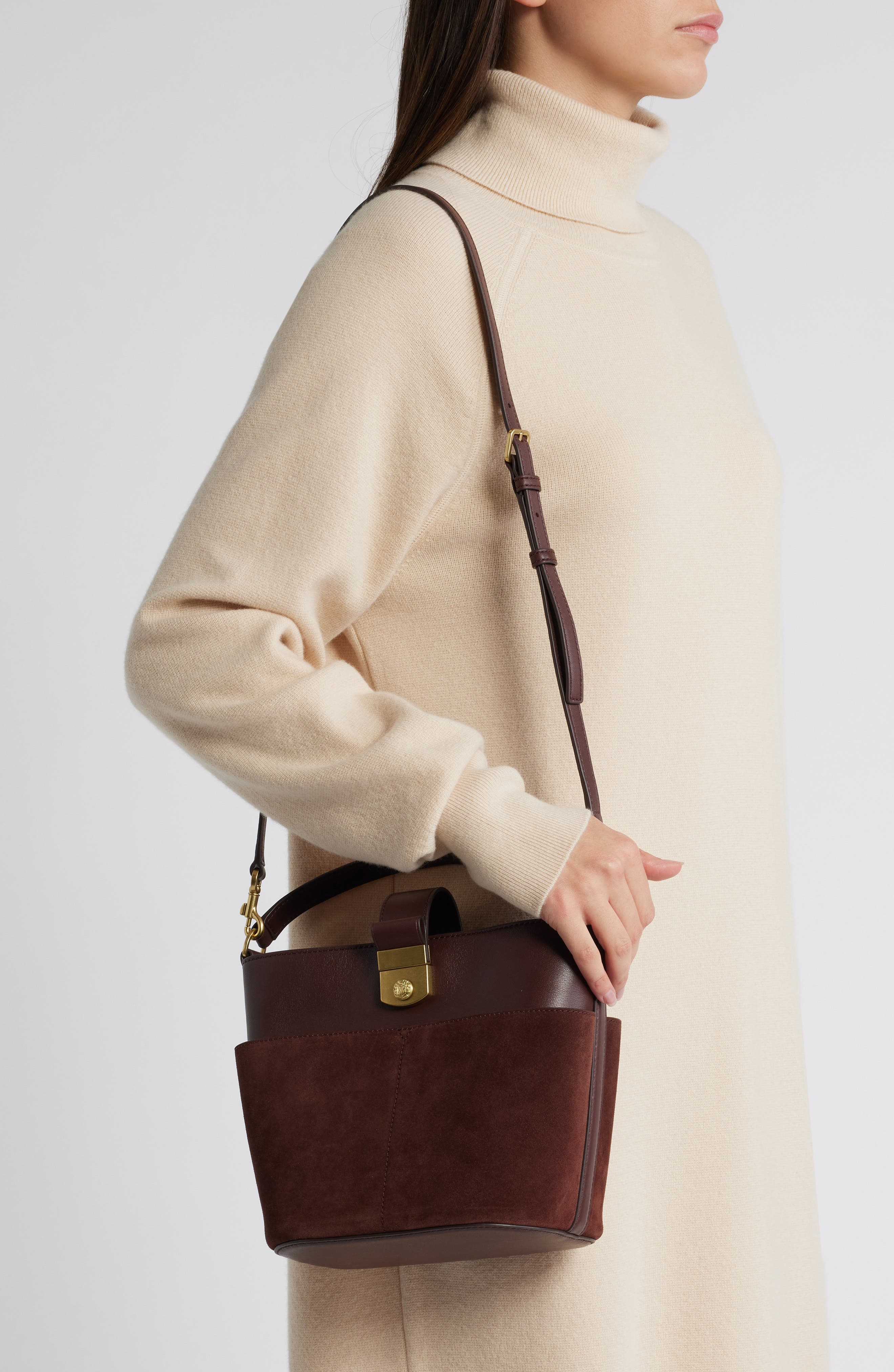 Small Crest Lock Leather Bucket Bag, Alternate, color, CHESTNUT