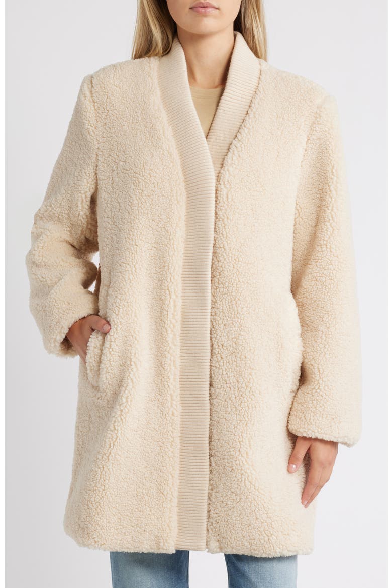 Rib Trim Faux Shearling Coat, Main, color, CREAM