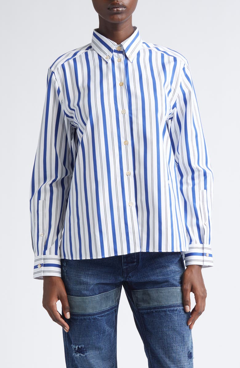 Wales Bonner Daylight Stripe Cotton Poplin Button-Down Shirt, Main, color, White/ Blue/ Black